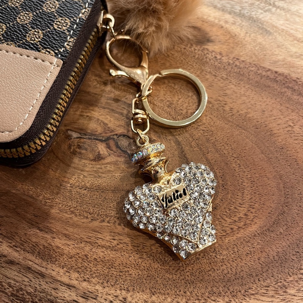 Card holder and Key chain Black and Tan with a stylish rhinestone perfume bottle